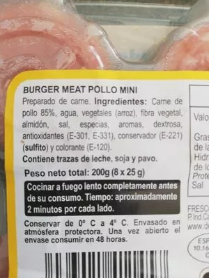 Lista de ingredientes del producto Mini burguer Meat (8 unidades)  200 g
