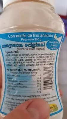 Lista de ingredientes del producto Mayola original mayonesa con aceite de lino sin huevo Granovita 300 g