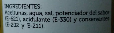 Lista de ingredientes del producto Aceitunas manzanilla sabor anchoa Chicón Fernando 500 g