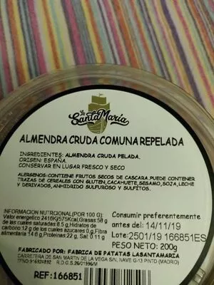 Lista de ingredientes del producto Almendra cruda comuna repelada la santa maria 200 g