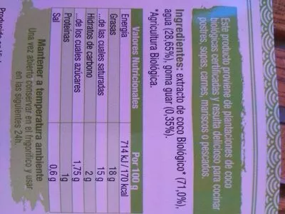 Lista de ingredientes del producto Leche coco biologoca  