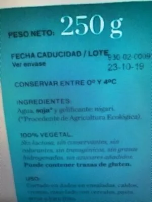 Lista de ingredientes del producto tofu bio Casa Amella 