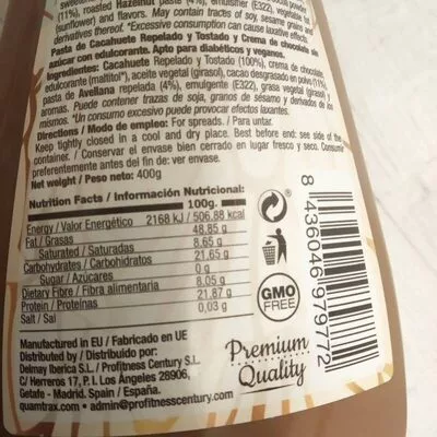 Lista de ingredientes del producto Peanut chocolate Quamtrax 400 g