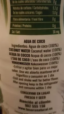 Lista de ingredientes del producto Agua de coco natural Tesoro natural 500 ml