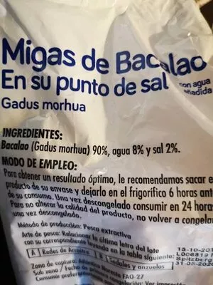 Lista de ingredientes del producto Migas de bacalao  