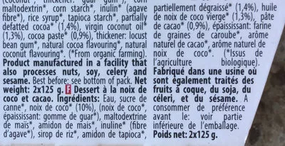 Lista de ingredientes del producto Coco Cacao NaturGreen 250 g, 2 pots de 125 g