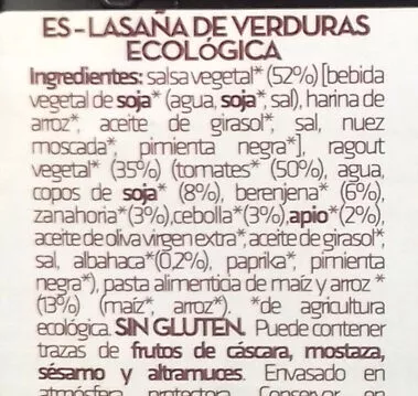 Liste des ingrédients du produit Lasaña de verduras ecológica y sin gluten Vivibio 250 g
