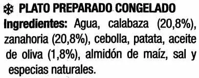 Liste des ingrédients du produit Crema de calabaza y zanahoria congelada Como 300 g