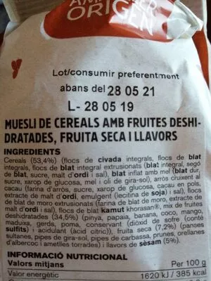 Lista de ingredientes del producto Muesli multifruites Ametller Origen 