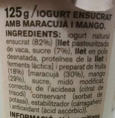 Lista de ingredientes del producto Iogurt cremos amb maracuja i mango Ametller Origen 