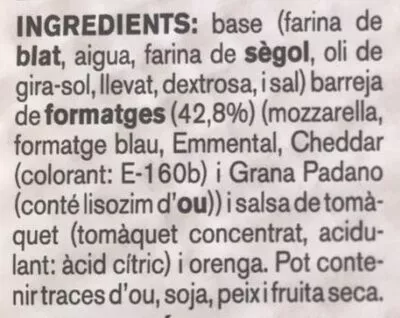 Lista de ingredientes del producto Pizza 5 formatges Ametller Origen 350 g