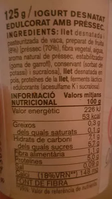 Lista de ingredientes del producto Iogurt desnatat amb Prèssec Ametller Origen 125g