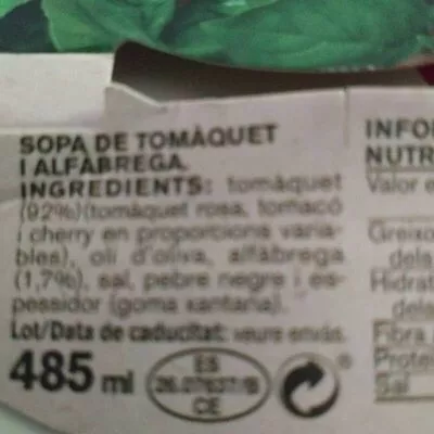 List of product ingredients Sopa fria de tomate y albahaca Ametller Origen 