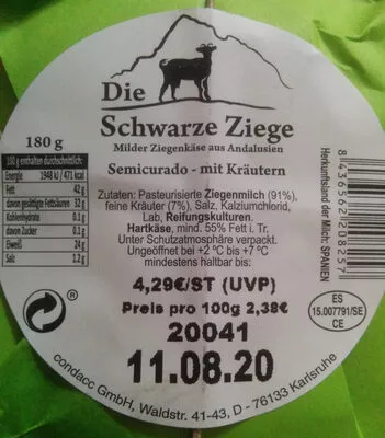Liste des ingrédients du produit Ziegenkäse mit Kräutern Die Schwarze Ziege 180g