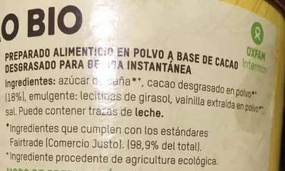 Lista de ingredientes del producto Tierra madre cacao instantáneo ecológico Intermon Oxfam 400 g