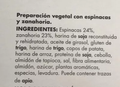 Lista de ingredientes del producto Mini-Hamburguesa con espinacas y zanahoria Diquesí 200 g (4 Uds)