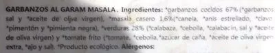 Lista de ingredientes del producto Garbanzos al garam masala Biomenú 300 g