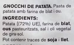 Lista de ingredientes del producto Gnocchis Ametller Origen 500 g