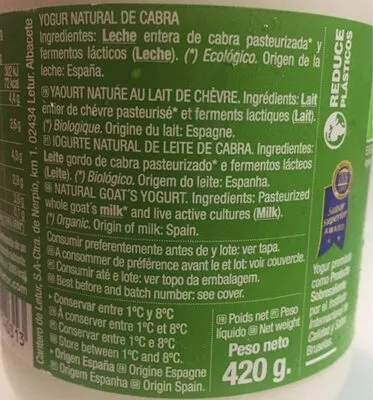 Liste des ingrédients du produit Yogur de cabra Cantero de Letur 
