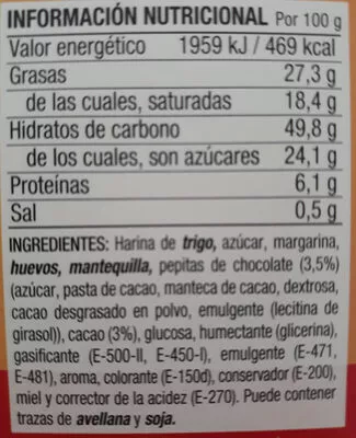 Lista de ingredientes del producto Chocolín: sobaos de chocolate Joselín 240g