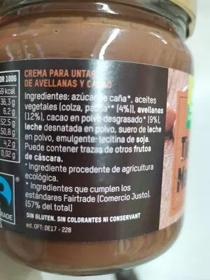 Lista de ingredientes del producto Crema de cacao tierra madre intermon oxfam 100 g