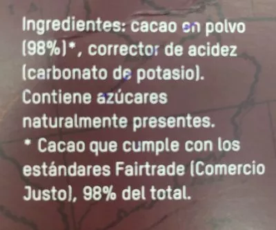 List of product ingredients Tierra madre cacao polvo azúcares añadidos Intermon Oxfam 