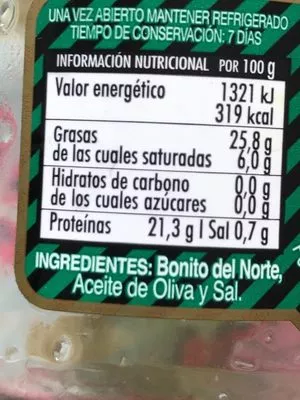 List of product ingredients VENTRESCA DE BONITO DEL NORTE  