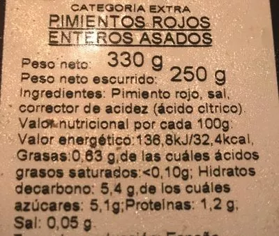 Liste des ingrédients du produit Pimientos rojos asados Campo Rico 330 g neto, 250 g escurrido