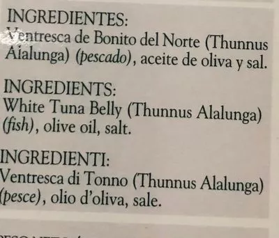 List of product ingredients Ventresca de bonito del Norte  