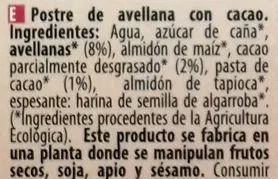 Lista de ingredientes del producto Postre de avellana cacao NaturGreen 250 g (2 x 125 g)