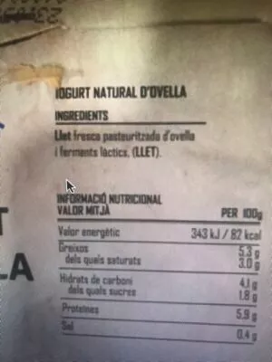 List of product ingredients Iogurt d'ovella La Torre 