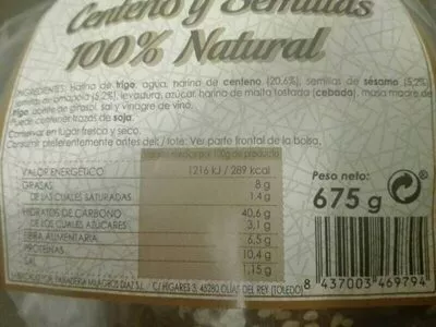 Lista de ingredientes del producto Pan con centeno y semillas 100% natural  675 g