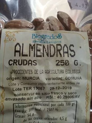 List of product ingredients Almendras crudas Biogredos 