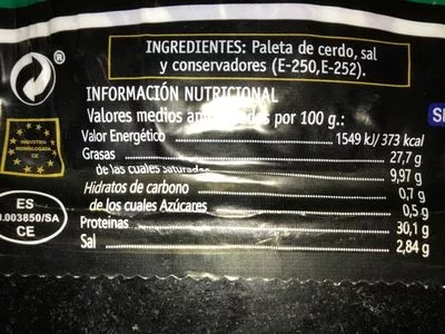 Lista de ingredientes del producto Paleta Cebo Iberica  