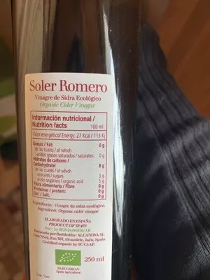 Liste des ingrédients du produit Soler romero Vinegar 250ml