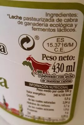 Lista de ingredientes del producto Kefir De Cabra Suerte Ampanera 430 ml