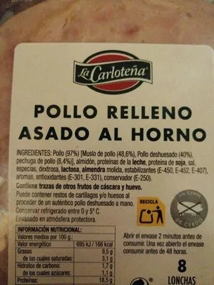 Lista de ingredientes del producto Pollo relleno asado al horno La Carloteña 