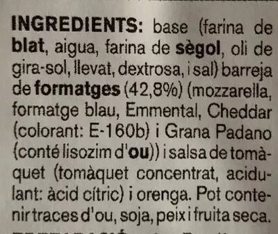 Liste des ingrédients du produit Pizza 5 formatges Ametller Origen 