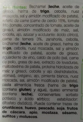 Lista de ingredientes del producto Lasaña artesana de carne ración Casa Mas 