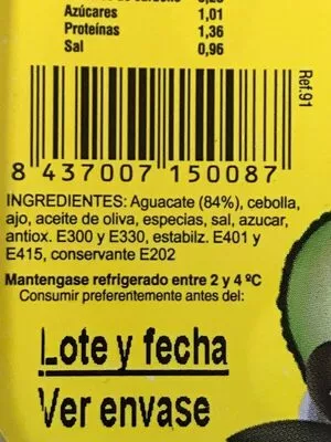 Lista de ingredientes del producto Guacamole  