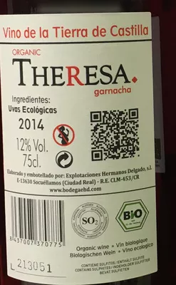 Lista de ingredientes del producto Organic Theresa garnacha Explotaciones Hermanos Delgado 75 cl