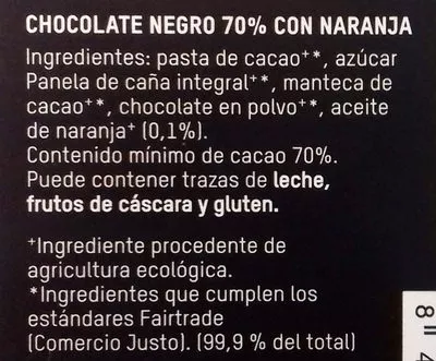 Lista de ingredientes del producto Tierra madre chocolate ecológico negro cacao con naranja Intermón Oxfam 100 g