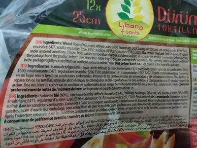 Lista de ingredientes del producto Durum tortillas  