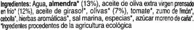 List of product ingredients Crema de paté almendra, olivas NaturGreen 130 g