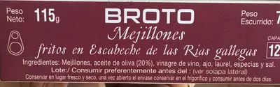 Lista de ingredientes del producto Mejillones en escabeche Broto 115 g, 7/10