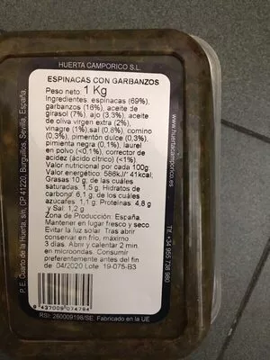 Lista de ingredientes del producto Espinacas con garbanzos Campo Rico 1 kg