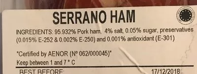 Liste des ingrédients du produit Serrano ham slices Monte Nevado 