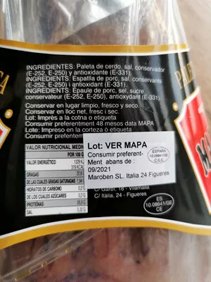 Liste des ingrédients du produit Manuel Diaz Paleta Matanza Grasa Manuel Diaz ca 4.4kg