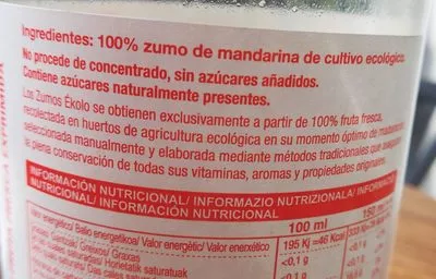 Liste des ingrédients du produit Zumo ecológico mandarina Ekolo 