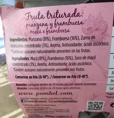 Liste des ingrédients du produit Compota de manzana y frambuesa 100% pack 4 tarrina 100 g Pom'Bel 